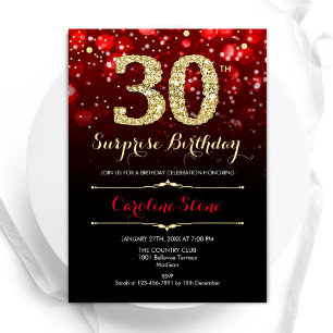 Invitation Black Red Gold Surprise 30e anniversaire