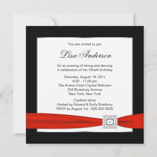 Invitation Black Red Jewel Classy Womans 50e anniversaire (Devant)