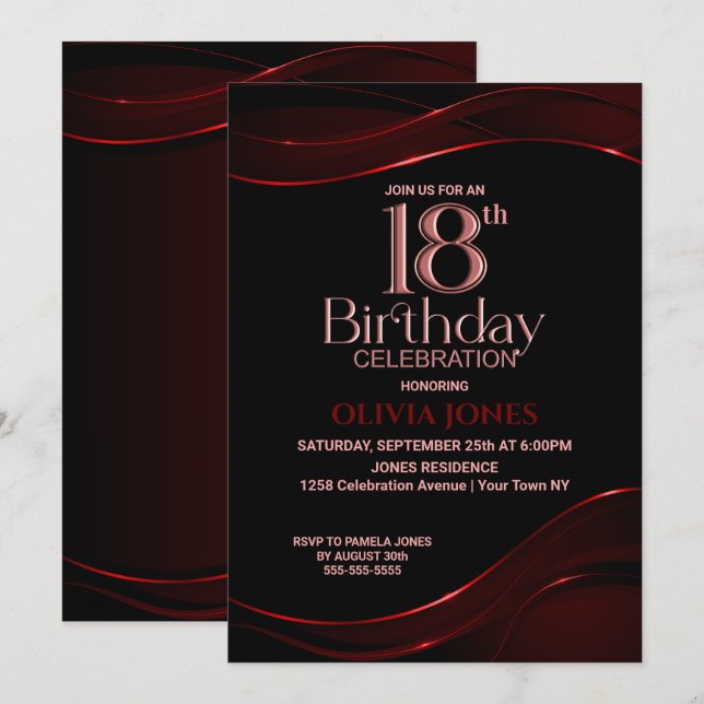 Invitation Black Red moderne 18e fête d'anniversaire (Devant / Derrière)