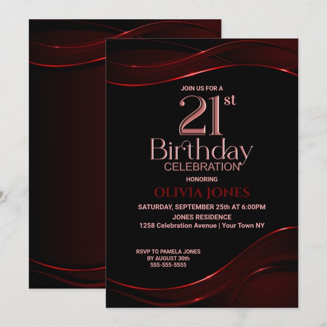 Invitation Black Red moderne 21e fête d'anniversaire (Devant / Derrière)
