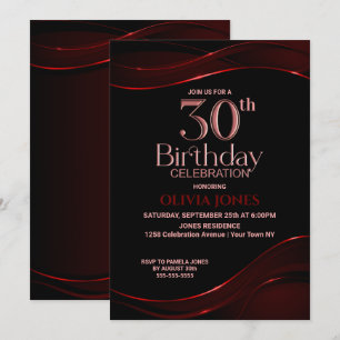 Invitation Black Red moderne 30th Birthday Party