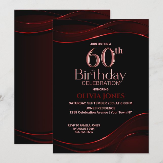 Invitation Black Red moderne 60th Birthday Party (Devant / Derrière)