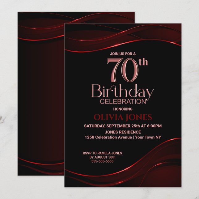 Invitation Black Red moderne 70th Birthday Party (Devant / Derrière)