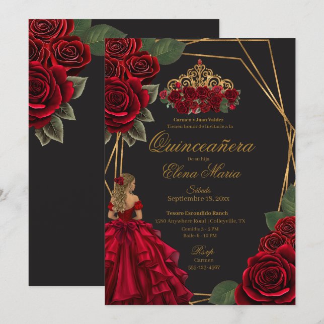 Invitation Black Red Roses Gold Princesse Quinceañera (Devant / Derrière)
