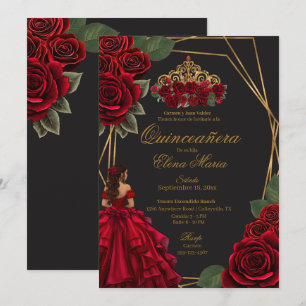 Invitation Black Red Roses Gold Princesse Quinceañera