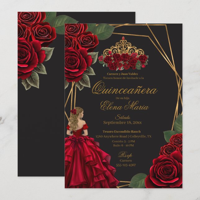 Invitation Black Red Roses Gold Princesse Quinceañera (Devant / Derrière)