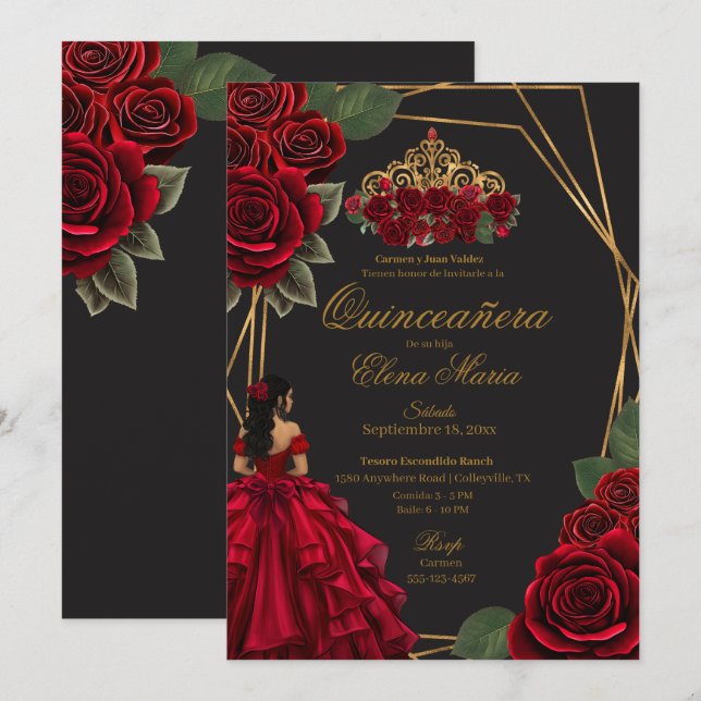 Invitation Black Red Roses Gold Princesse Quinceañera (Devant / Derrière)