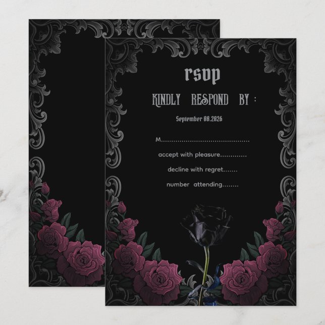 Invitation  Black Red Roses Gothic  RSVP   (Devant / Derrière)