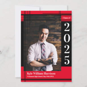 Invitation Black Red School Couleur Graduation Photo Plaid