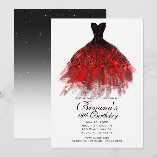 Invitation Black Red Sparkle Élégante robe fête d'anniversair (Devant / Derrière)