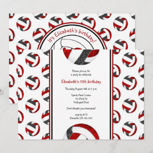 Invitation black red sport filles volley-ball fête d'annivers