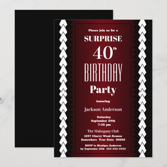 Invitation Black Red Surprise 40e fête d'anniversaire (Devant / Derrière)