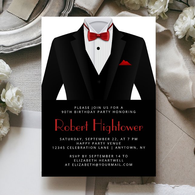 Invitation Black Red Tuxedo Mens fête d'anniversaire (Créateur téléchargé)
