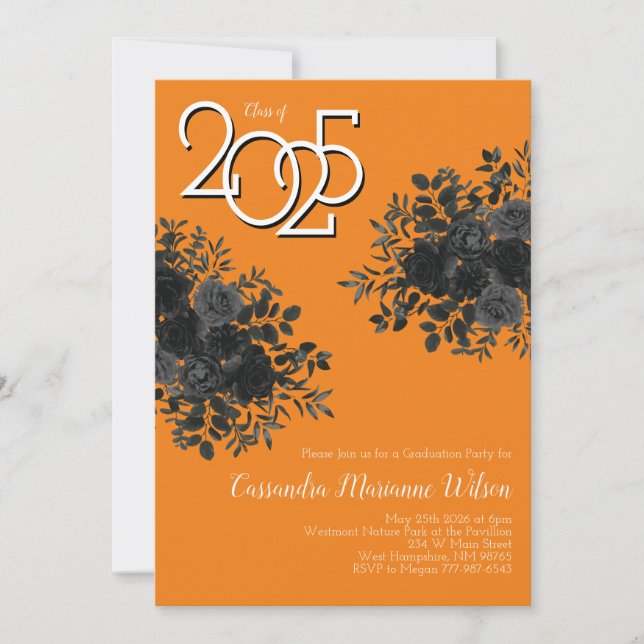 Invitation Black Rose Dark Gothic Graduation Party Orange (Devant)