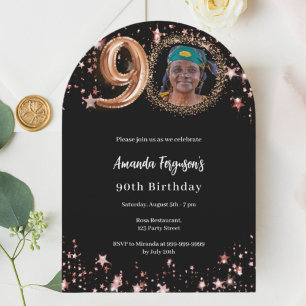 Invitation Black rose en or étoiles 90e anniversaire arc