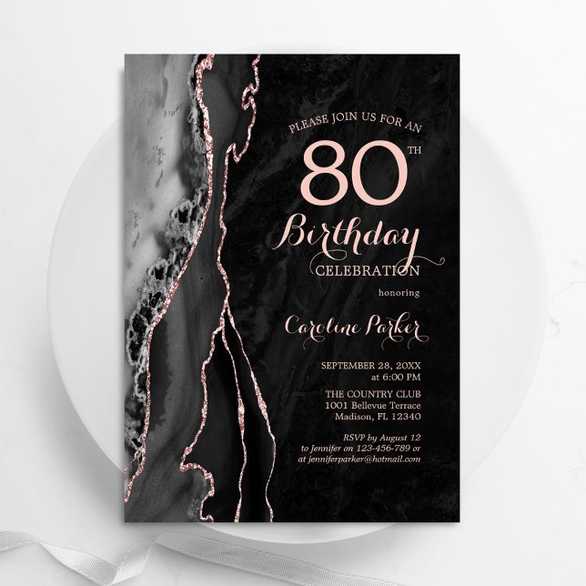 Invitation Black Rose Gold Agate 80e anniversaire (Créateur téléchargé)
