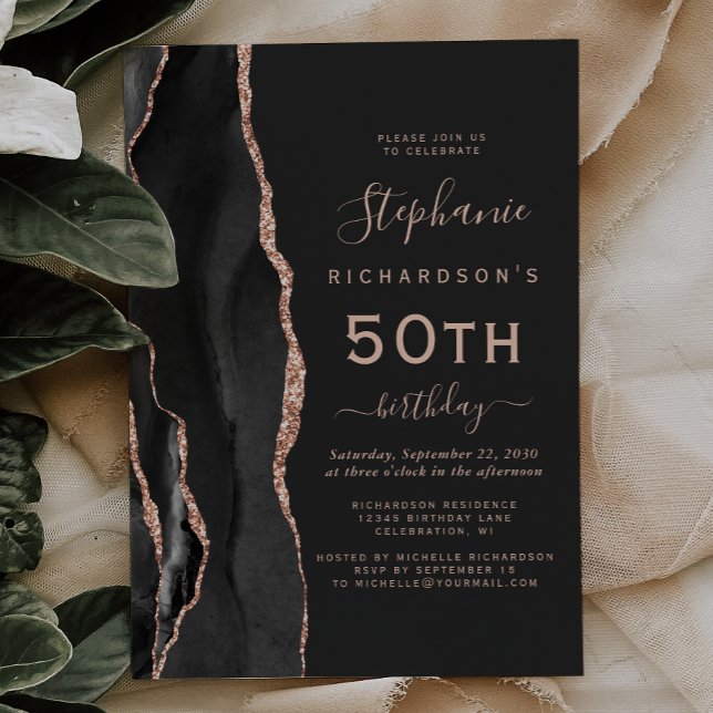 Invitation Black Rose Gold Agate Dark 50th Birthday Party (Créateur téléchargé)
