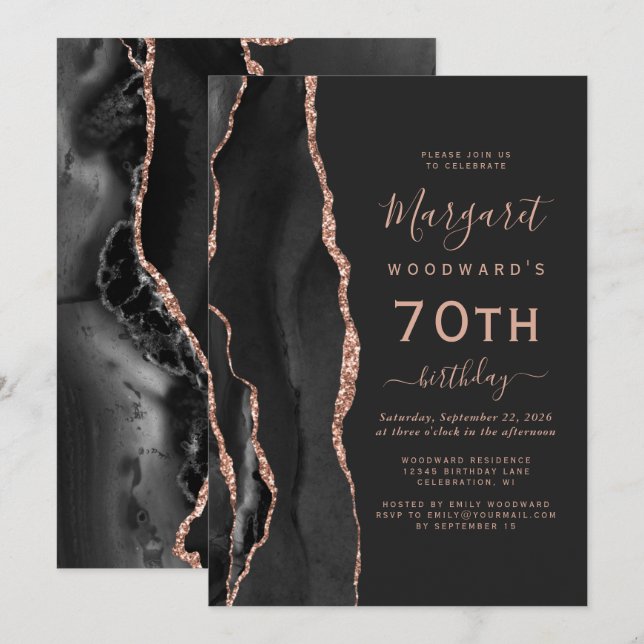 Invitation Black Rose Gold Agate Dark 70th Birthday Party (Devant / Derrière)