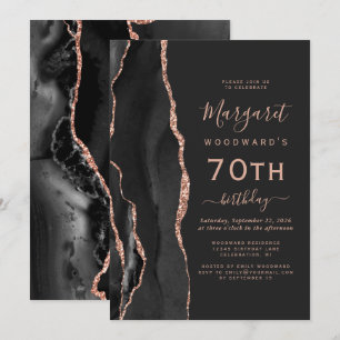 Invitation Black Rose Gold Agate Dark 70th Birthday Party