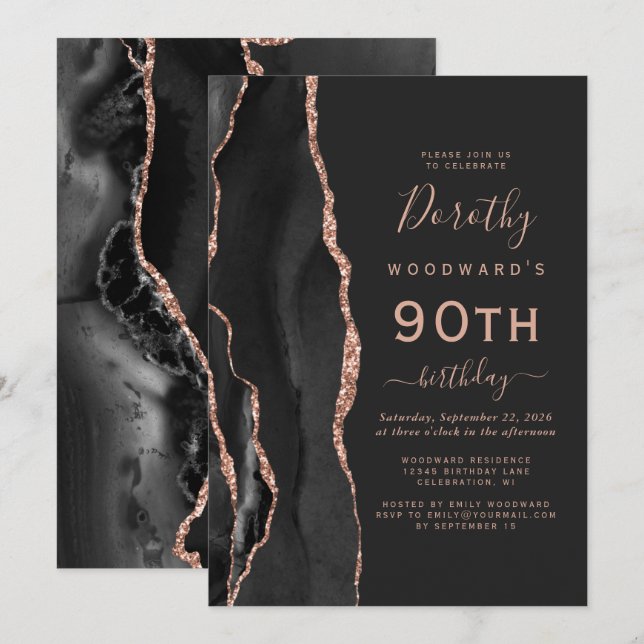 Invitation Black Rose Gold Agate Dark 90e fête d'anniversaire (Devant / Derrière)