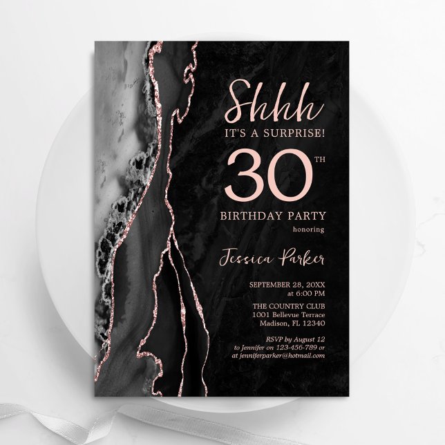 Invitation Black Rose Gold Agate Surprise 30e anniversaire (Créateur téléchargé)