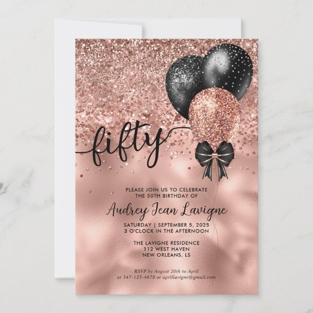 Invitation Black Rose Gold Bloon Bow Parties scintillant 50e  (Devant)