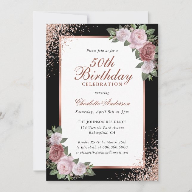 Invitation Black Rose Gold Blush Floral 50e anniversaire (Devant)