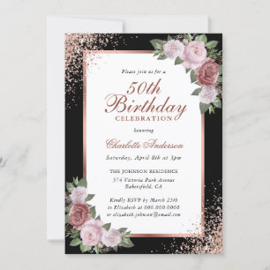 Invitation Black Rose Gold Blush Floral 50e anniversaire