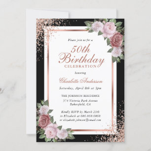 Invitation Black Rose Gold Blush rose Floral 50e anniversaire