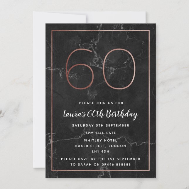 Invitation Black & Rose Gold Marbled 60e anniversaire Invitat (Devant)