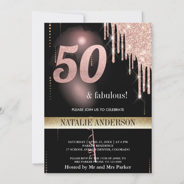 Invitation Black Rose Gold Parties scintillant Balloon 50e an (Devant)