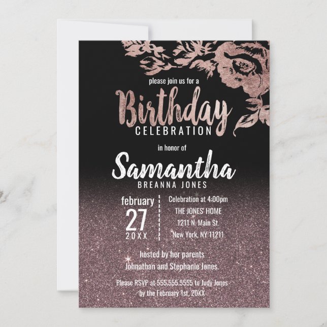 Invitation Black Rose Gold Parties scintillant Floral fête d' (Devant)