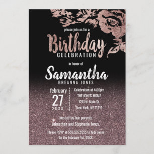 Invitation Black Rose Gold Parties scintillant Floral fête d'