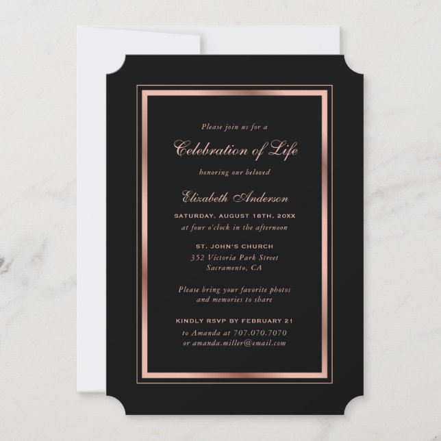 Invitation Black Rose Gold Photo Celebration of Life (Devant)