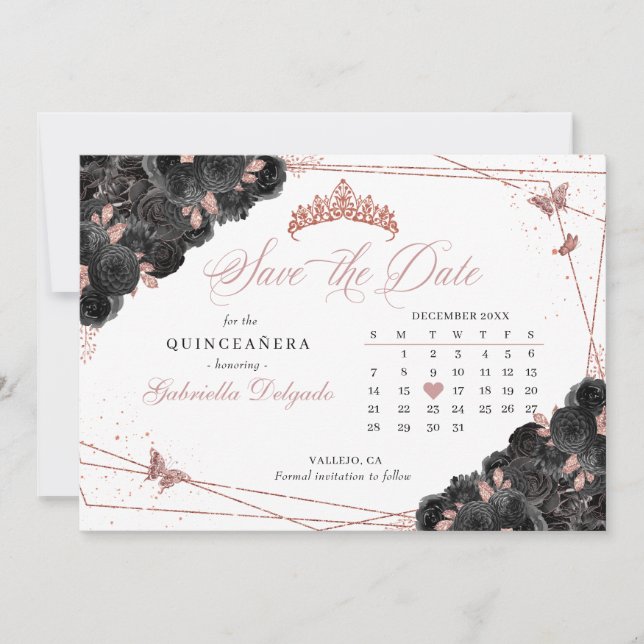 Invitation Black & Rose Gold Quinceañera Enregistrer La Date (Devant)
