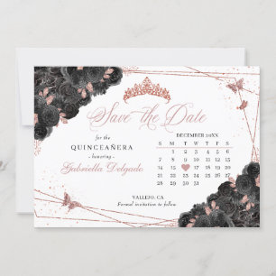 Invitation Black & Rose Gold Quinceañera Enregistrer La Date