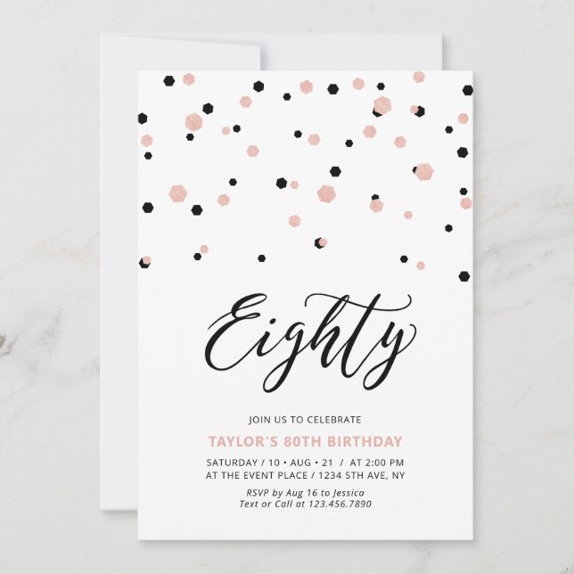 Invitation Black Rose Gold Simple 80th Birthday Party (Devant)