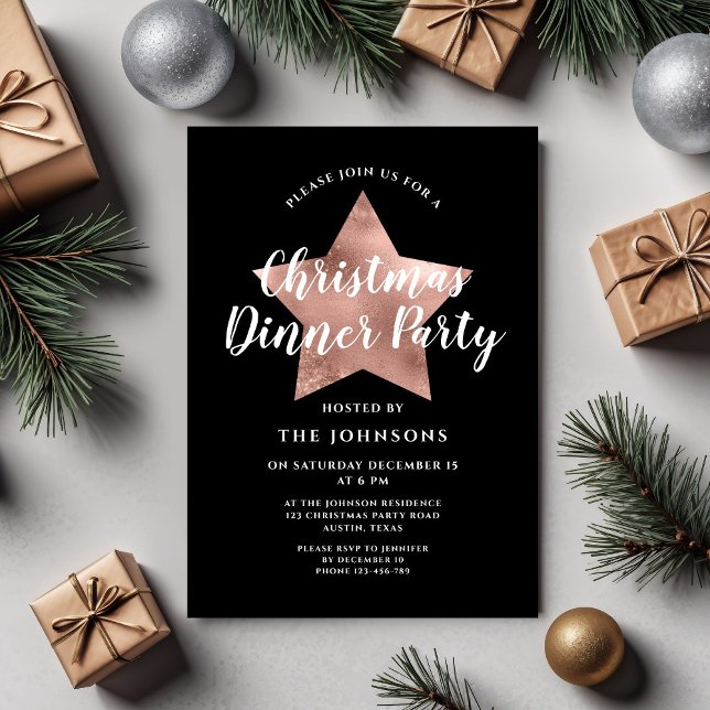 Invitation Black Rose Gold Star Dinner Party (Black Rose Gold Star Christmas Dinner Party Invitation)