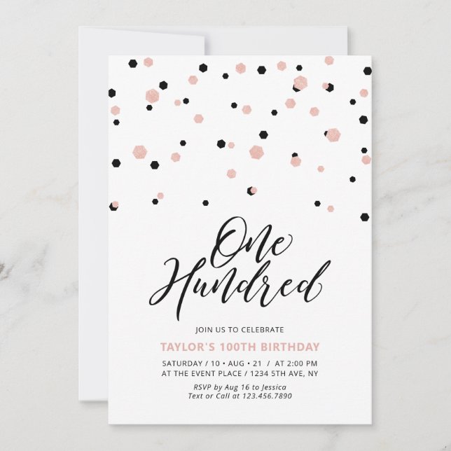 Invitation Black RoseGold Simple Cent 100e fête d'anniversair (Devant)