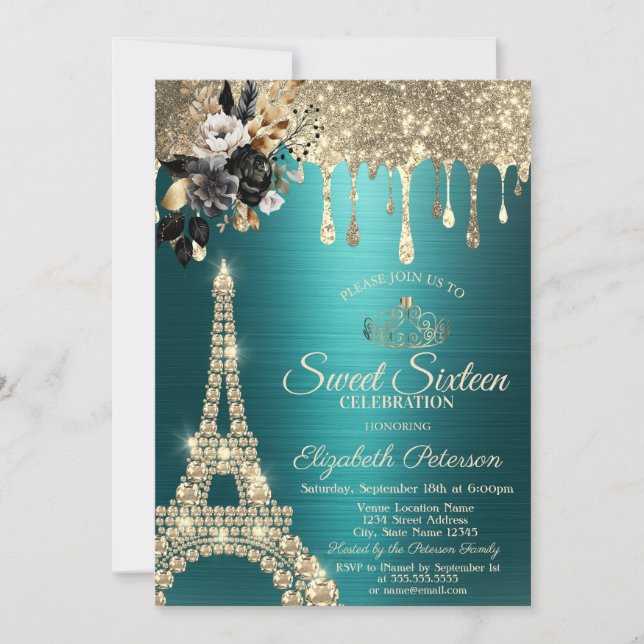 Invitation Black Roses Eiffel Tower Gold Drips Green Sweet 16 (Devant)