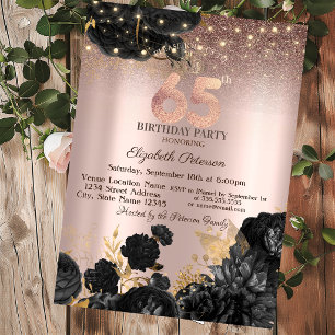 Invitation Black Roses Glitter Rose Gold 65e Anniversaire  