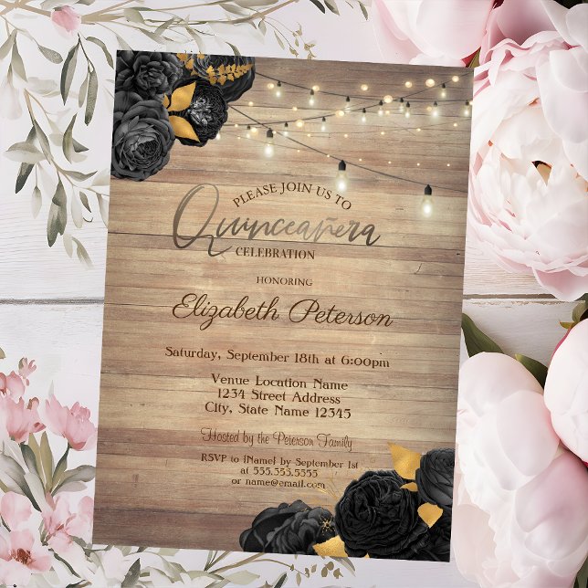 Invitation Black Roses,String Lights,Wood Texture Quinceañera (Créateur téléchargé)