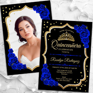 Invitation Black Royal Blue Gold Photo Quinceanera