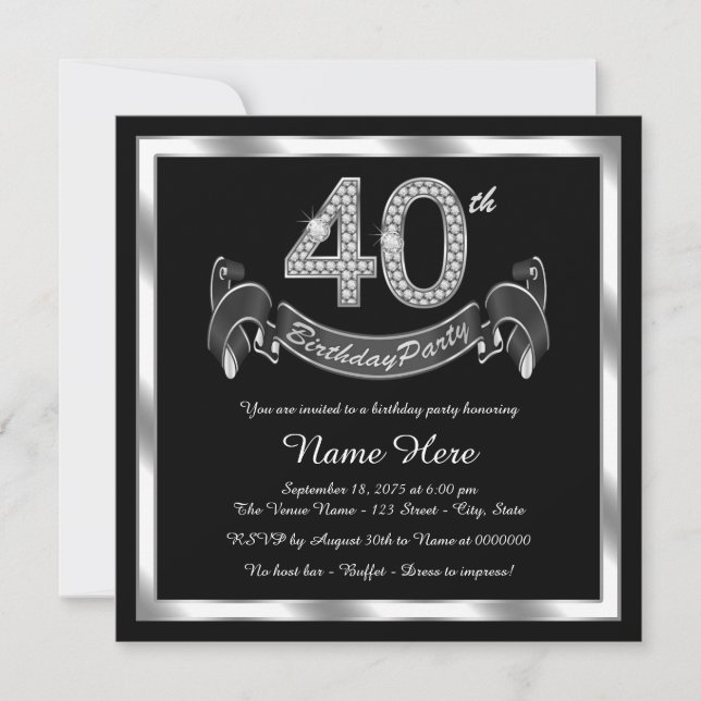 Invitation Black Silver 40th Birthday Party (Devant)