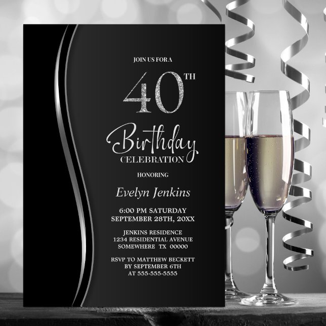 Invitation Black Silver 40th Birthday Party (Créateur téléchargé)