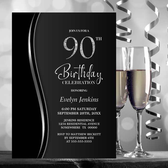 Invitation Black Silver 90th Birthday Party (Créateur téléchargé)