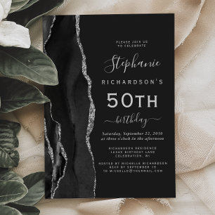 Invitation Black Silver Agate Dark 50th Birthday Party