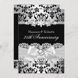 Invitation Black Silver Damask Pearl Bow 25e anniversaire
