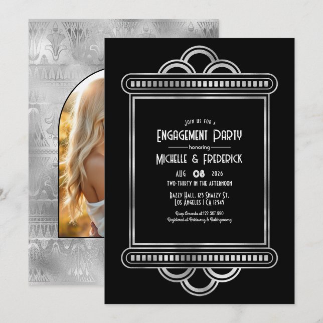 Invitation Black & Silver Gatsby Art Deco Engagement Party (Devant / Derrière)