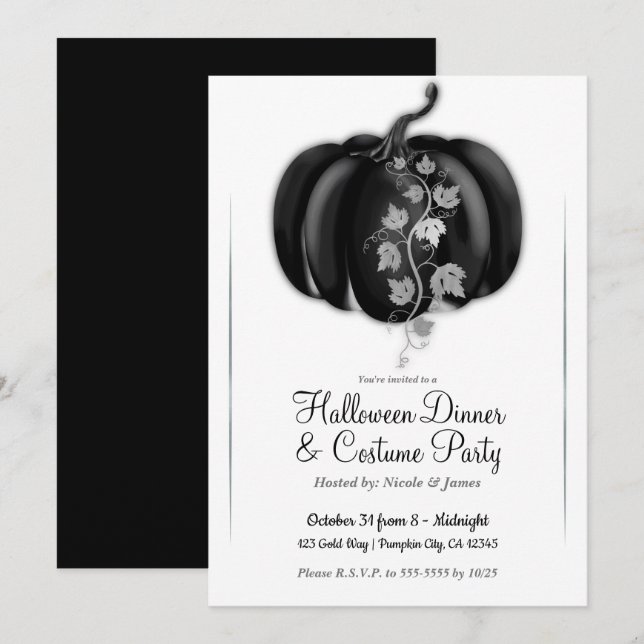 Invitation Black & Silver Glam Citrouille Dîner d'Halloween (Devant / Derrière)